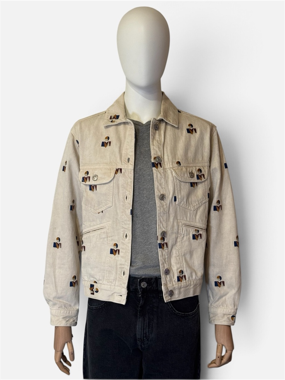 Isabel Marant Cream Embroidered Denim Jacket with Navy & Brown Motifs